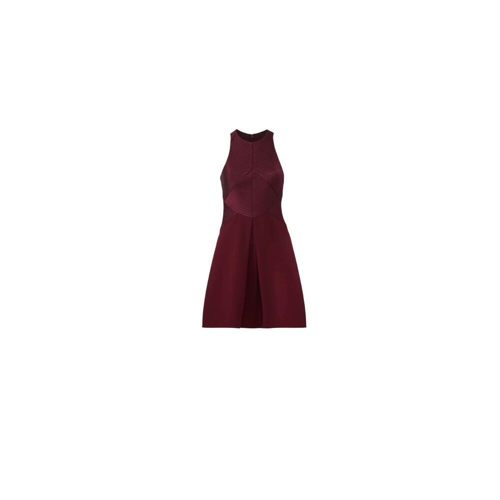HALSTON Syrah Stripe Seam Fit and Flare Maroon Short Pleated Dress Size 2